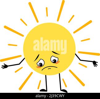 Cute sun character with sad emotions, depressed face, down eyes, arms and legs. Person with melancholy expression and pose. Vector flat illustration Stock Vector