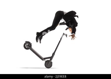 Accident with an electric scooter and a businessman falling isolated on white backgroundd Stock Photo