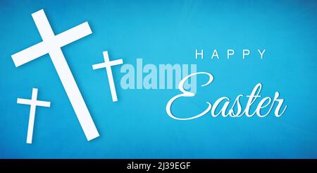 Blue Minimalist Happy Easter Day Background with Cross Religious Sign, Elegant Easter day backdrop Stock Photo