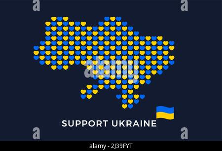Support Ukraine background - Ukraine map hearts pattern in national Ukrainian colors - vector illustration to stop war, pray for peace Stock Vector