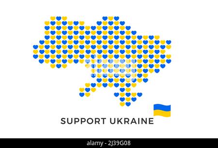 Support Ukraine background - Ukraine map hearts pattern in national Ukrainian colors - vector illustration to stop war, pray for peace Stock Vector