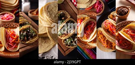 Collage of different assortment of mexican Tacos, street food made with corn tortillas. Stock Photo