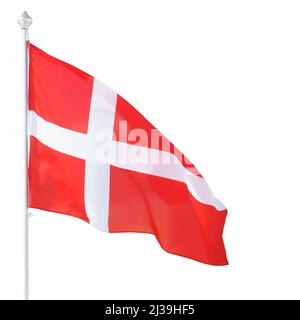 Danish flag on flagpole. Isolated on white, clipping path included