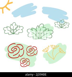 Abstract set of floral elements. Outline drawing by hand. Silhouette lines. Vector set of elements for design. Stock Vector