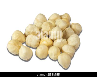 Peeled hazelnut isolated on white background, group of Peeled filberts or cobnuts. Fresh organic nut Stock Photo