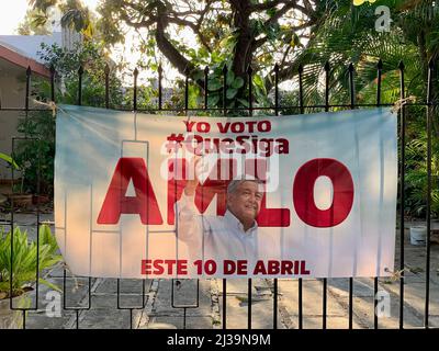 Poster for the 2022 Mexican presidential recall election that will happen in Mexico on April,10, 2022 to decide if the current president AMLO stays in office to serve his full six-year term/ Merida, Mexico Stock Photo