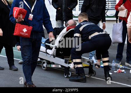 Marseille, France. 24th Mar, 2022. Marseille marine-firefighters prepare to lift a man on a stretcher. Marseille marine-firefighters (BMPM) rescue a man who fell on a sidewalk. (Photo by Gerard Bottino/SOPA Images/Sipa USA) Credit: Sipa USA/Alamy Live News Stock Photo