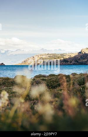 Vertical take of a beautiful lake landscape. General Carrera Lake Stock Photo