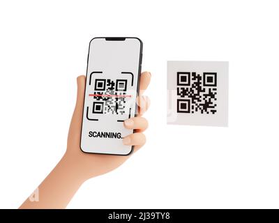 Qr code scan concept - human hand holding mobile phone with barcode scanning process 3d render illustration. Stock Photo