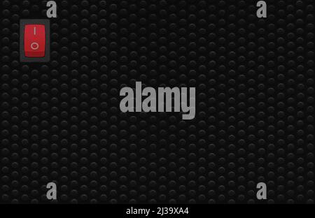 Red rectangle rocker power switch in on position, black abstract dot texture frame pattern, natural blank empty copy space background, mains supply Stock Photo