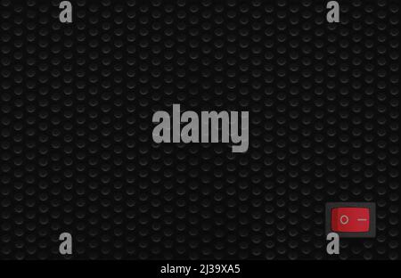 Red rectangle rocker power switch in on position, black abstract dot texture frame pattern, natural blank empty copy space background, mains supply Stock Photo