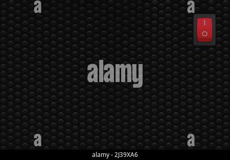 Red rectangle rocker power switch in on position, black abstract dot texture frame pattern, natural blank empty copy space background, mains supply Stock Photo