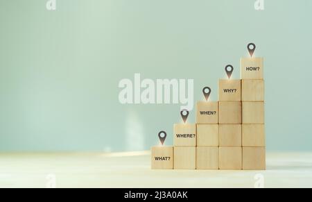 Root cause analysis and 5W1H concept. Business problem analysis and find solution. Identify problem with 5W1H answer. Check in and 5W1H icon on wooden Stock Photo