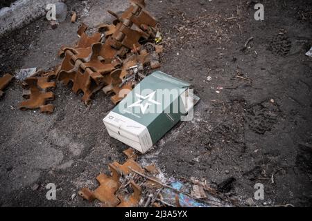 Bucha, Ukraine. 06th Apr, 2022. View of a Russian ration box in Bucha, a town near Kyiv that was recently liberated from Russian forces. Russia invaded Ukraine on 24 February 2022, triggering the largest military attack in Europe since World War II. Credit: SOPA Images Limited/Alamy Live News Stock Photo