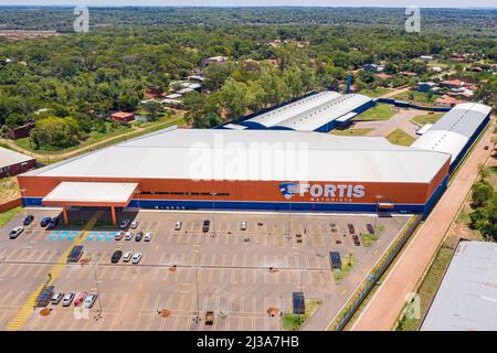 Coronel Oviedo, Paraguay - February 01, 2022: Aerial view of the newly opened Fortis market in Coronel Oviedo where Paraguayans can shop for cheap. Stock Photo