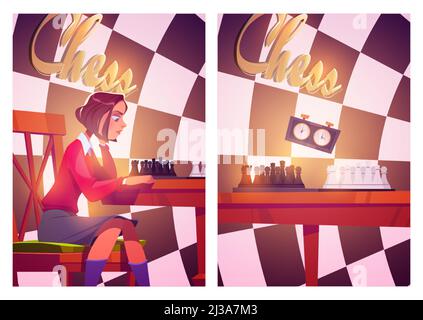 Chess posters with girl plays board game with pieces and clock. Vector flyers with cartoon illustration of woman player sitting at table with chessboa Stock Vector