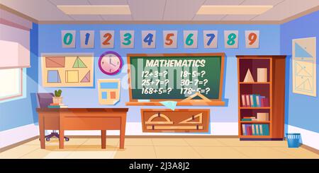 Mathematics classroom empty interior, school or preschool class with teacher table, blackboard with tasks, and rulers, cupboard with textbooks, maths Stock Vector