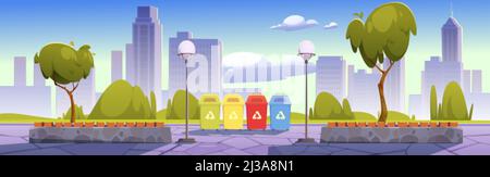 City park with recycling bins for sorting waste, garbage separation to protect environment. Summer landscape, cityscape background, public place with Stock Vector