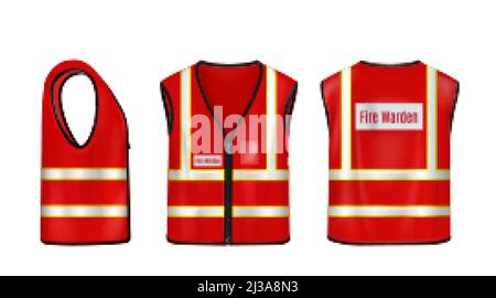 Fire warden safety vest front, side and back view, red sleeveless jacket with reflective stripes for firefighters, waistcoat mockup with fluorescent e Stock Vector