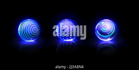 Force shield bubbles, energy glowing blue balls, spheres, defense fields. Science fiction glowing deflector elements, firewall absolute protection iso Stock Vector