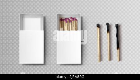 Matches in box, stages of burning from black firebrand head to charred burnt wooden stick, matchsticks with pink sulphur lying in open case isolated o Stock Vector