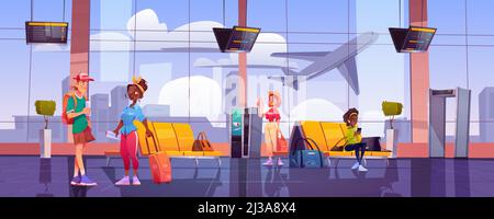 Airport terminal with waiting people, chairs, luggage, security scanner and schedule display. Vector cartoon interior of departure area with seats, me Stock Vector