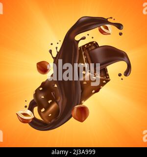 Sweet chocolate bar with hazelnut pieces and caramel on orange sunburst background. Vector realistic illustration of broken chocolate candy with crush Stock Vector