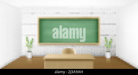 Classroom with green blackboard on white brick wall and wooden teacher table with chair. Empty chalkboard background for presentation, online conferen Stock Vector