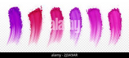 Eyeshadow swatches, smears of dry blush for makeup palette isolated on transparent background. Vector realistic set of pink and purple eye shadows and Stock Vector