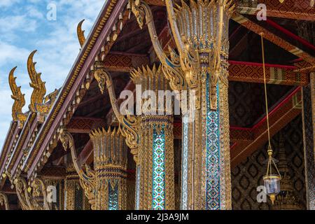 Bangkok, Thailand - Mar 29, 2022: Close up to the artistic architecture and decoration of Phra Ubosot or The Chapel of The Emerald Buddha or Wat Phra Stock Photo