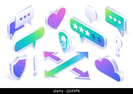 Isometric icons shield, cloud, speech bubbles and question mark, crossed arrows, rate stars, navigation pin and heart. Computer security, messenger or Stock Vector