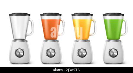 Blender, mixer for juice and smoothie. Electric kitchen machine for blend smoothie, juice and shakes. Vector realistic set of 3d juicers with empty gl Stock Vector
