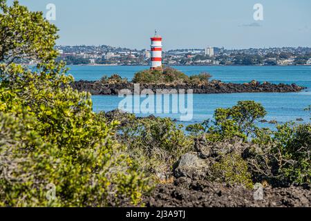 Lighthouse on Rangitoto Island, a volcanic island in the Hauraki Gulf near Auckland, New Zealand. Stock Photo