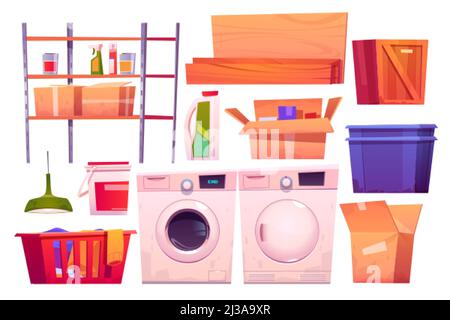 Laundry room equipment for wash and dry clothes. Vector cartoon set of washing and dryer machine, basket and detergents. Storage room with laundry, bo Stock Vector