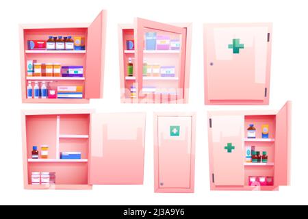 Medicine cabinet, cupboard with pharmacy drugs and pills for home bathroom or store. Vector cartoon set of open and closed cabinet with tablets, vitam Stock Vector