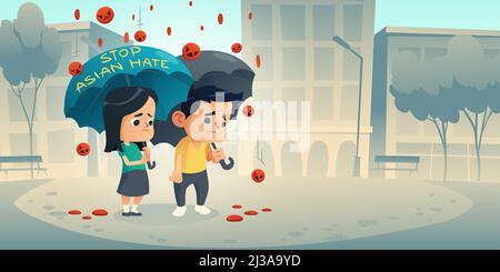 Stop Asian Hate, protest poster against racism, violence, hatred and discrimination people from Asia. Vector cartoon illustration of chinese kids with Stock Vector