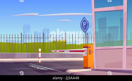 Parking security entrance with automatic car barrier, guardian booth, stop line and road sign. City guard system for automobile park, closed private a Stock Vector