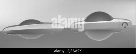 Car door handle with lock and key hole, grey colored automobile part for closing and opening vehicle doorway. Auto design, transport production indust Stock Vector