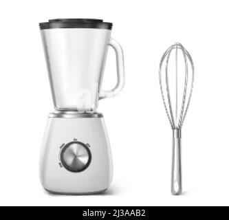 Kitchen appliances electric blender and whisk. Household equipment for cooking food, mixer with cup and turner front view, home tech and tool isolated Stock Vector