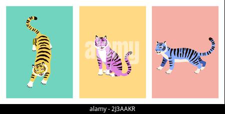 Set of posters with cute cartoon tigers isolated on white background. Stock Vector