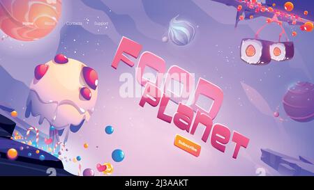 Fast food planet cartoon landing page with salmon fish and onion spheres, caviar and sushi over alien landscape with funny ice cream tree and candies. Stock Vector