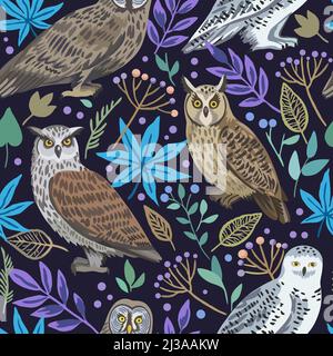 Seamless pattern with cute owls and forest plants and berries for design and textile.  Stock Vector