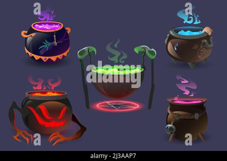Witch cauldrons with magic potions and elixir boiling. Wizard pots with colorful liquid and smoke. Ui design elements for computer game, magician pois Stock Vector