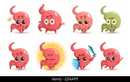 Cartoon stomach character, cute mascot with sword and shield, ulcer, stomachache, nausea and belching, Funny tummy swollen and hungry, relaxed meditat Stock Vector