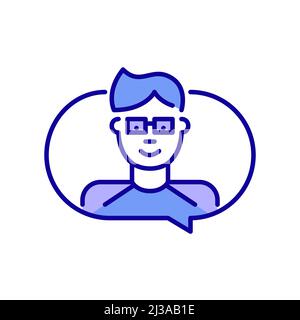 Teenager boy in t-shirt and glasses messaging. Pixel perfect, editable stroke blue and purple line icon Stock Vector