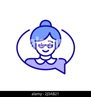 Grandma chatting. Nice older woman wearing glasses and a bun. Pixel perfect, editable stroke blue and purple line icon Stock Vector