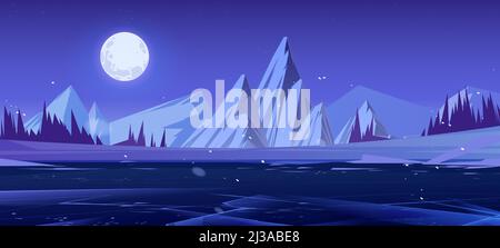 Nordic landscape with mountains and river at night. Vector cartoon ...