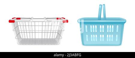 Shopping baskets, empty supermarket metal and plastic carts with handles. Isolated customers equipment for purchasing in retail shop side view, grocery store object, Realistic 3d vector illustration Stock Vector