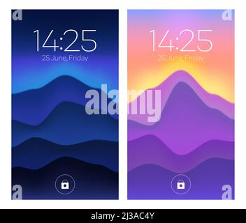 Smartphone lock screens, mobile phone onboard pages with gradient wallpaper, date, week day and time, abstract background for digital device, ui appli Stock Vector
