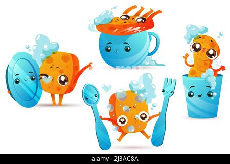 Cleaning sponge with dishes, cute cartoon mascot with funny face and foam bubbles isolated on white background. Sanitary tool and crockery, plate, cup Stock Vector